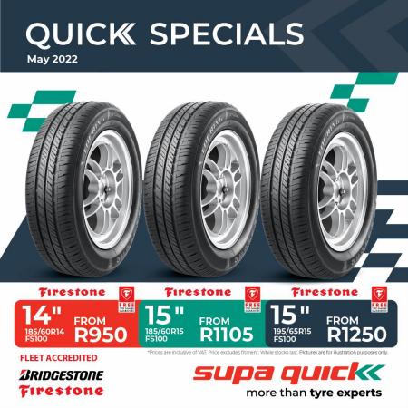 Cars, Motorcycles & Spares offers in Bloemfontein | New tyre specials in Supa Quick | 2022/05/02 - 2022/05/31