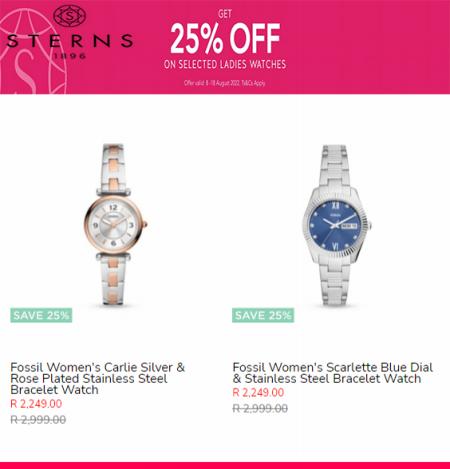 Clothes, Shoes & Accessories offers in Somerset West | 25% OFF ON LADIES WATCHES in Sterns | 2022/08/11 - 2022/08/18