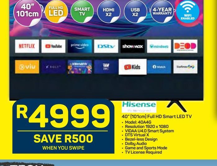 Hisense 40" Smart Full HD LED TV offers at R 4999