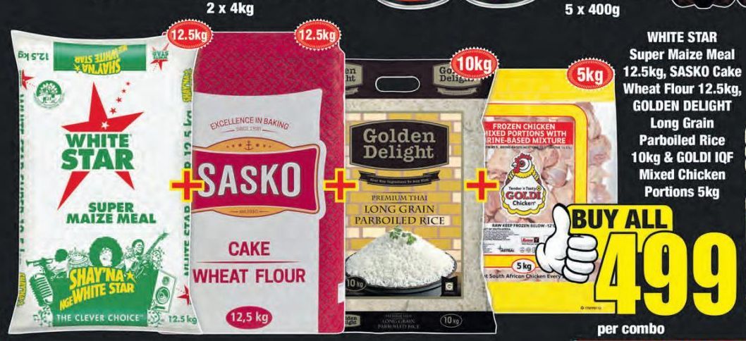 White Star Maize Meal, Sasko Cake Wheat Flour, Golden Delight Rice, Goldi IQF Mixed Chicken Portions offers at R 499